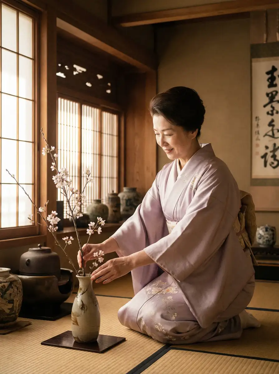 一位优雅的 情深叉 在和室中插花